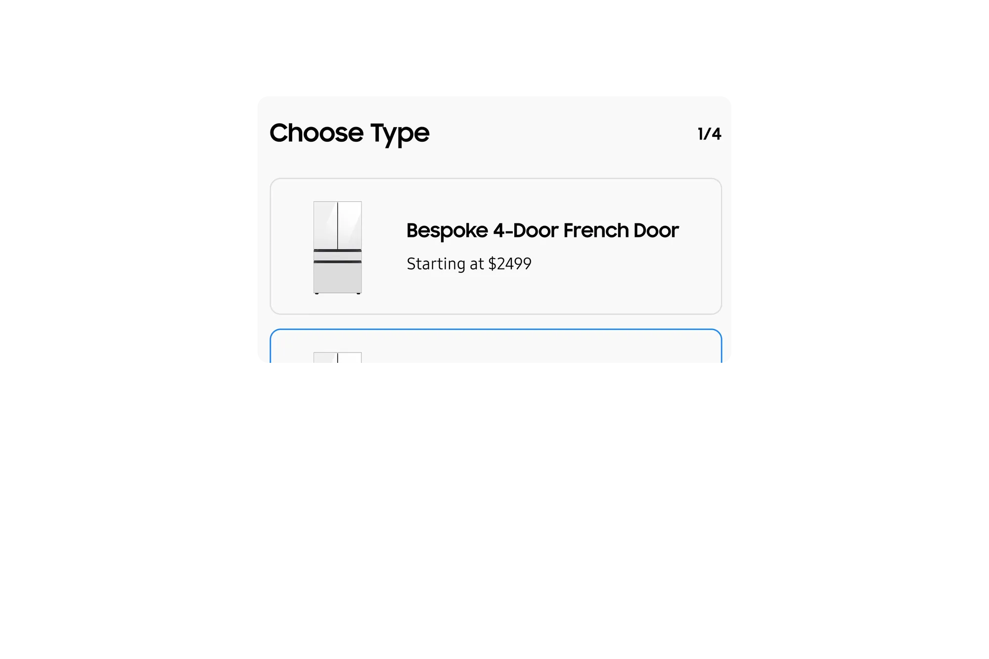 The Bespoke configurator's Choose Type step, with the Bespoke 4-Door French Door starting at $2499 at the top of the list