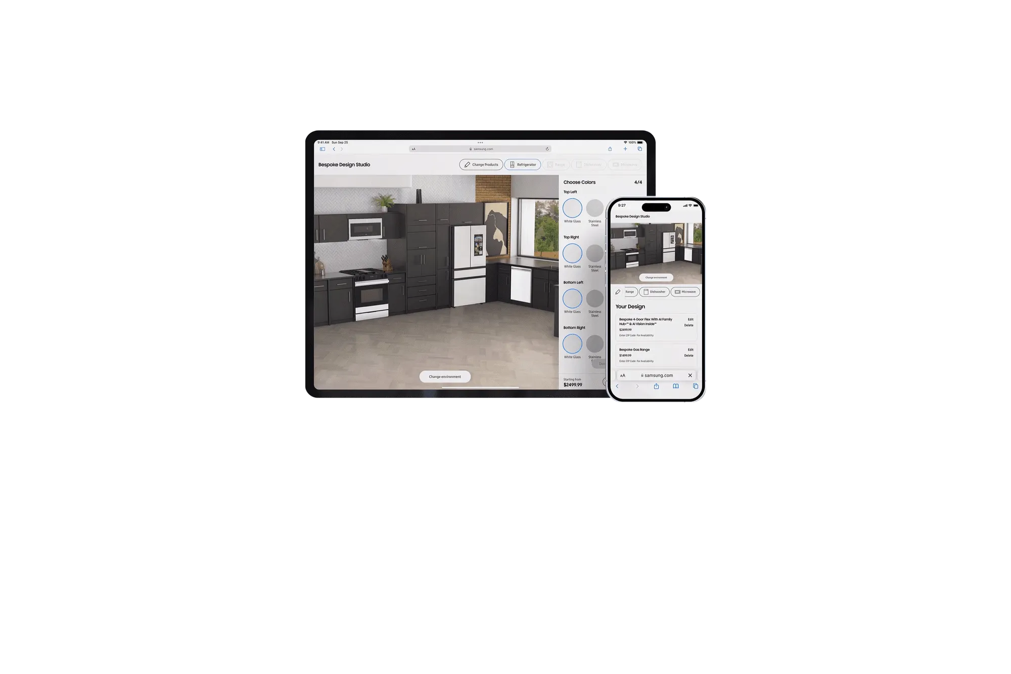 iPad and iPhone showing the Bespoke Design Studio appliance configurator in a showroom setting