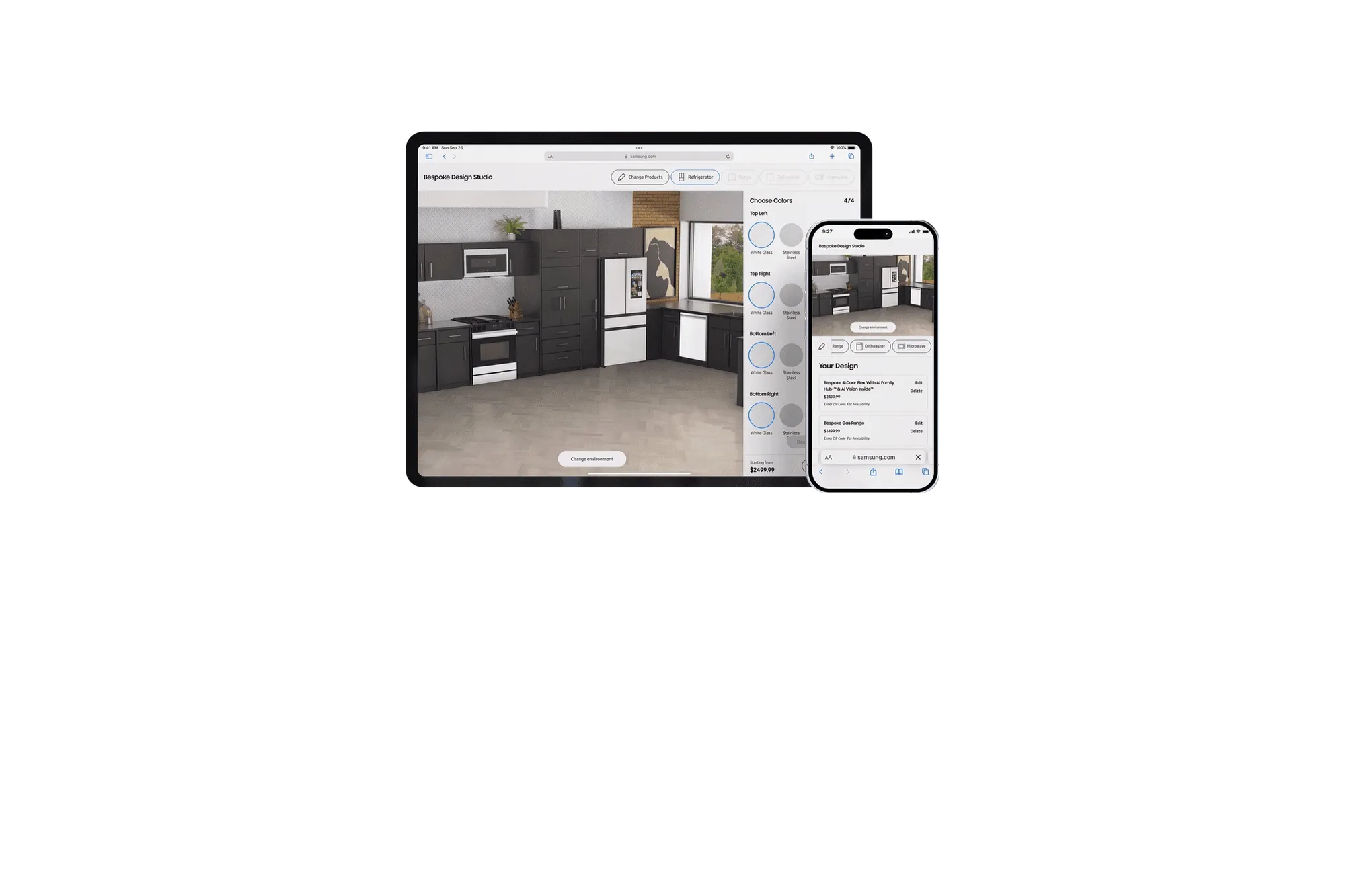 iPad and iPhone showing the Bespoke Design Studio appliance configurator in a showroom setting
