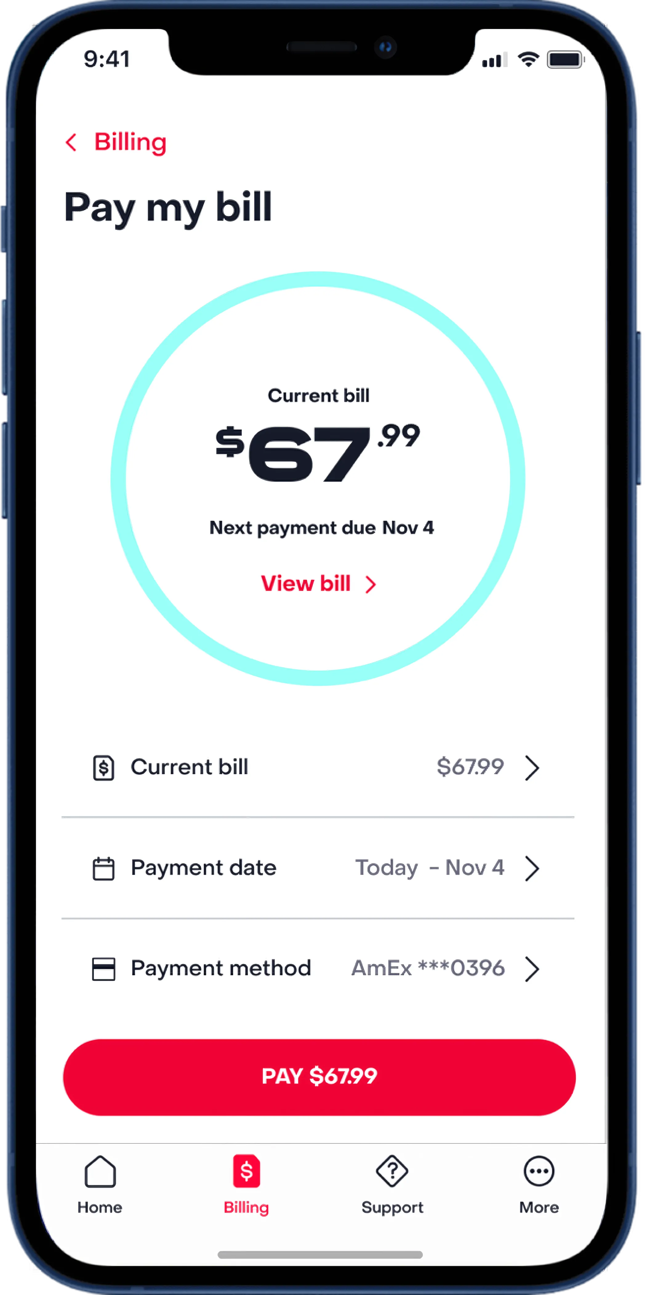 Pay my bill screen showing the current balance and due date