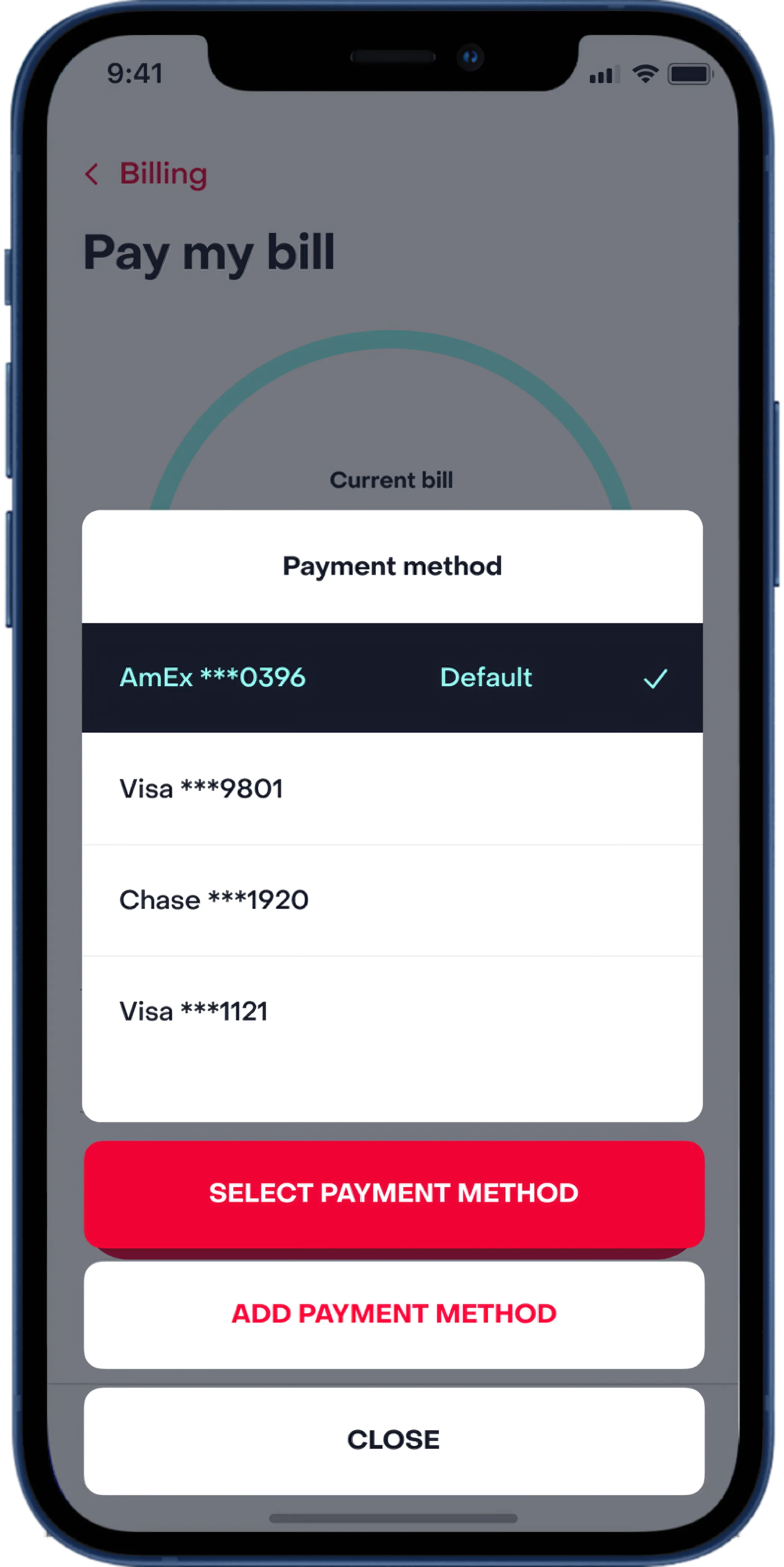 Payment method sheet listing saved cards