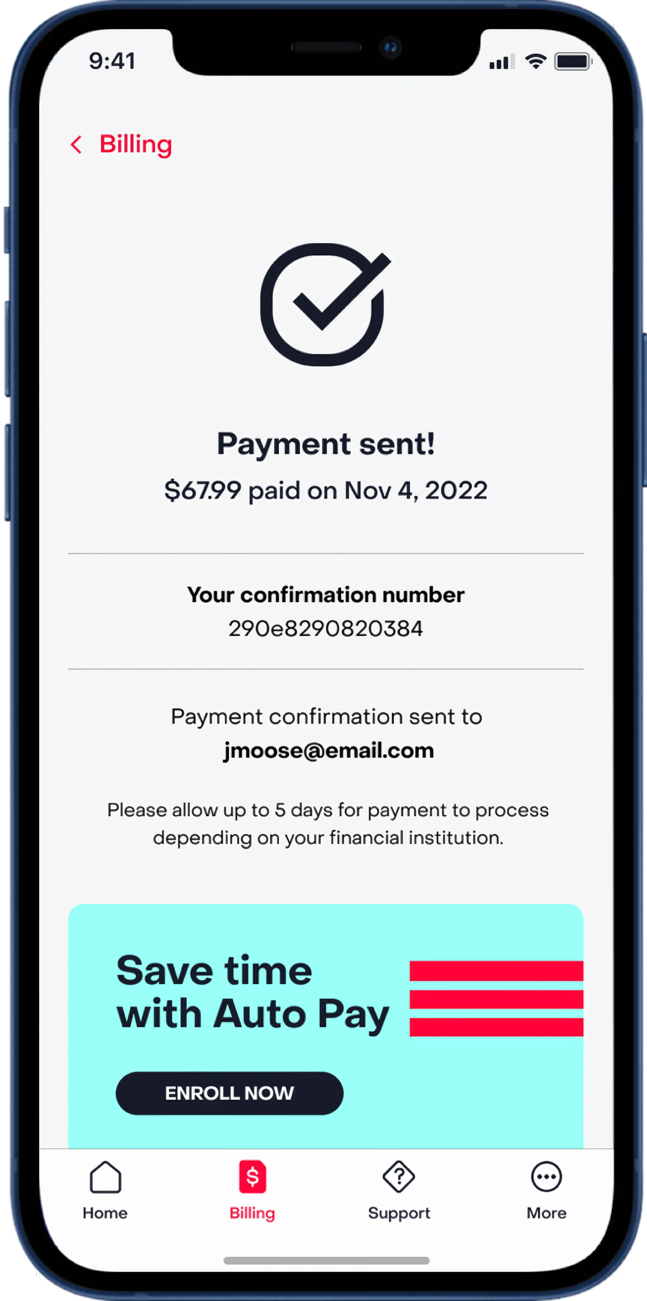 Payment sent confirmation screen