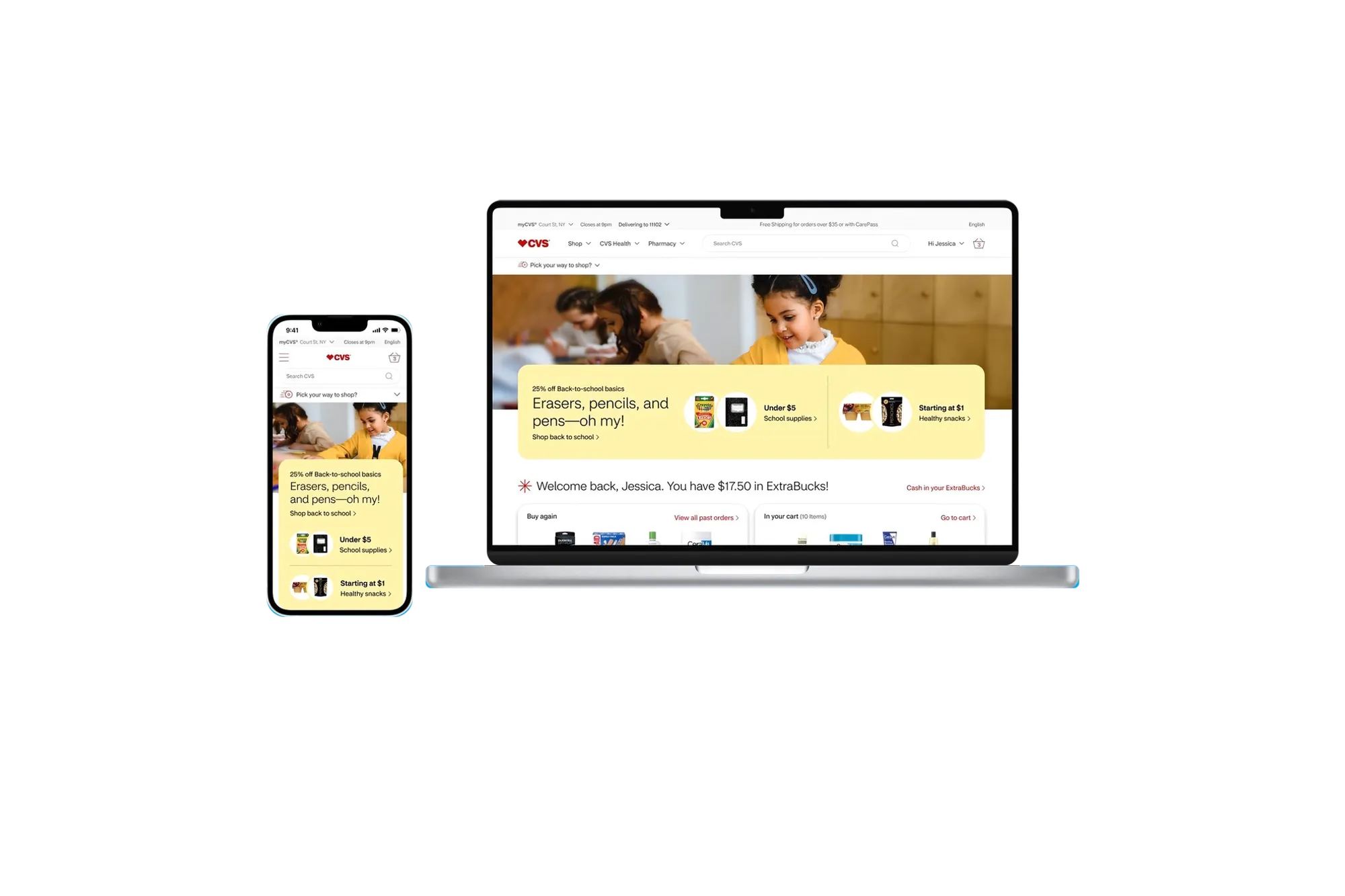 CVS.com homepage and category pages showing the redesigned type system and navigation