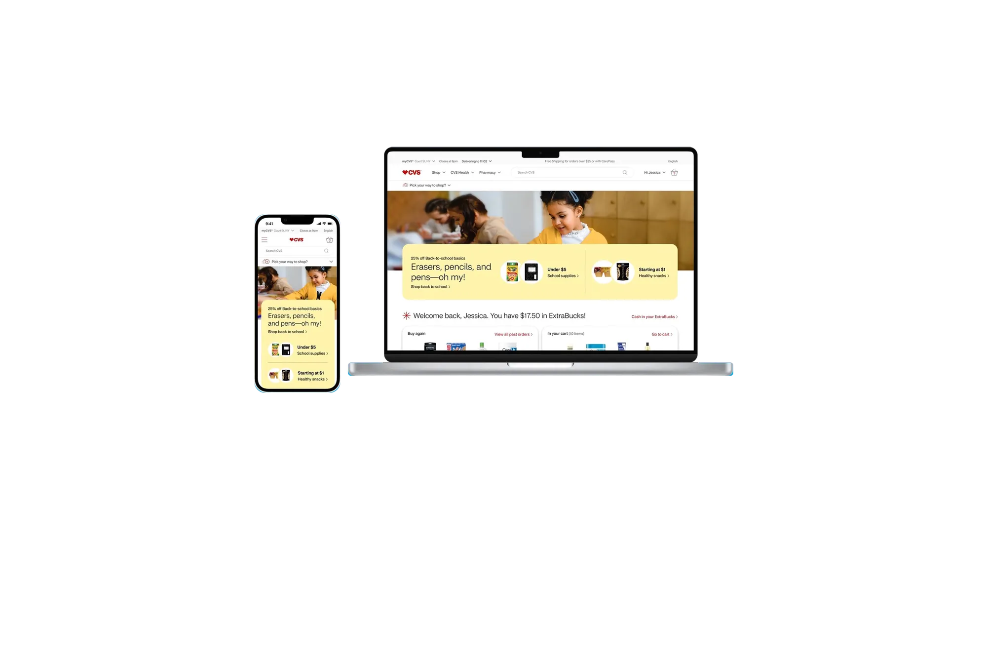 CVS.com homepage and category pages showing the redesigned type system and navigation