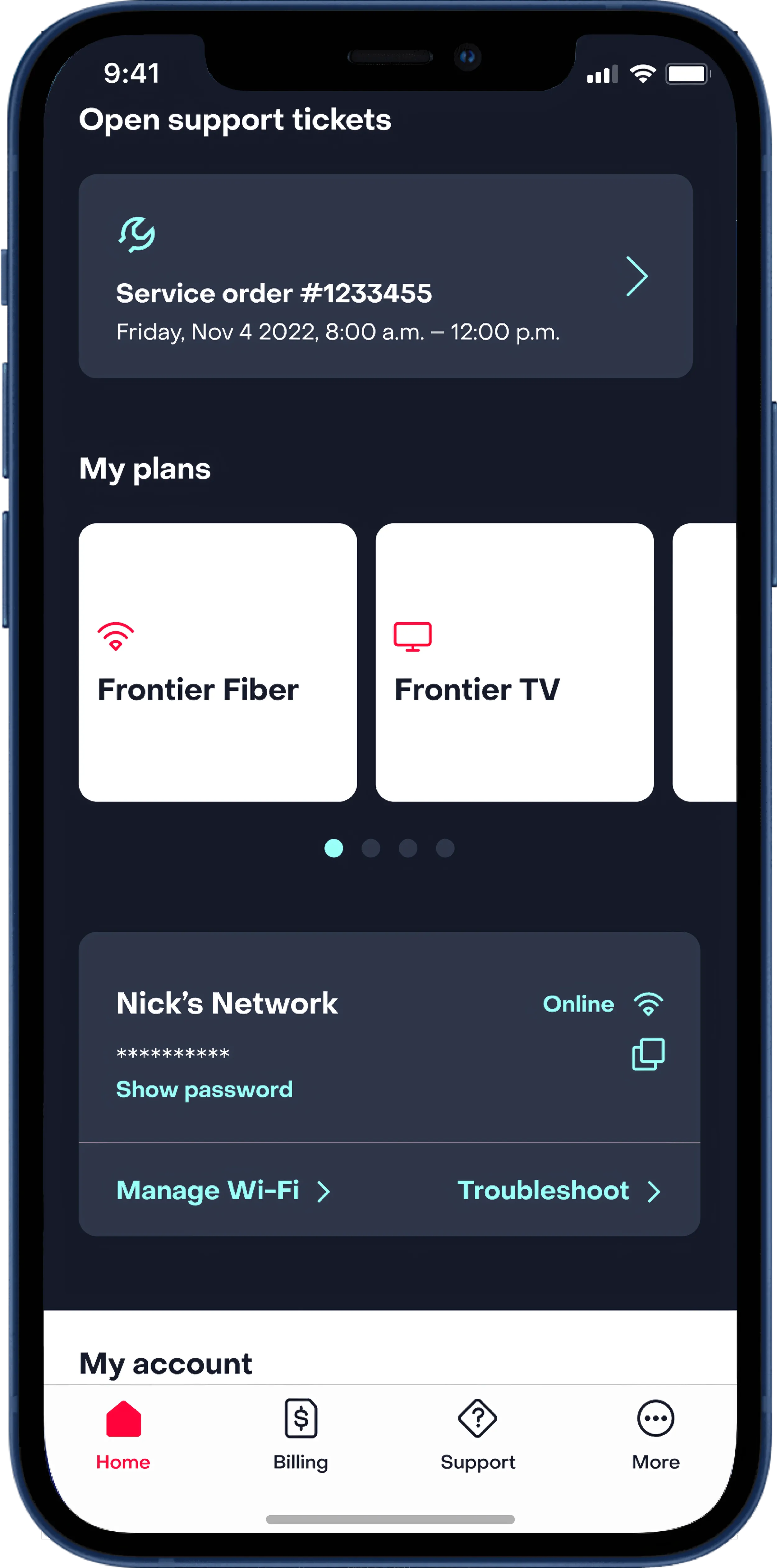 Account screen with open support tickets, plans, and network details