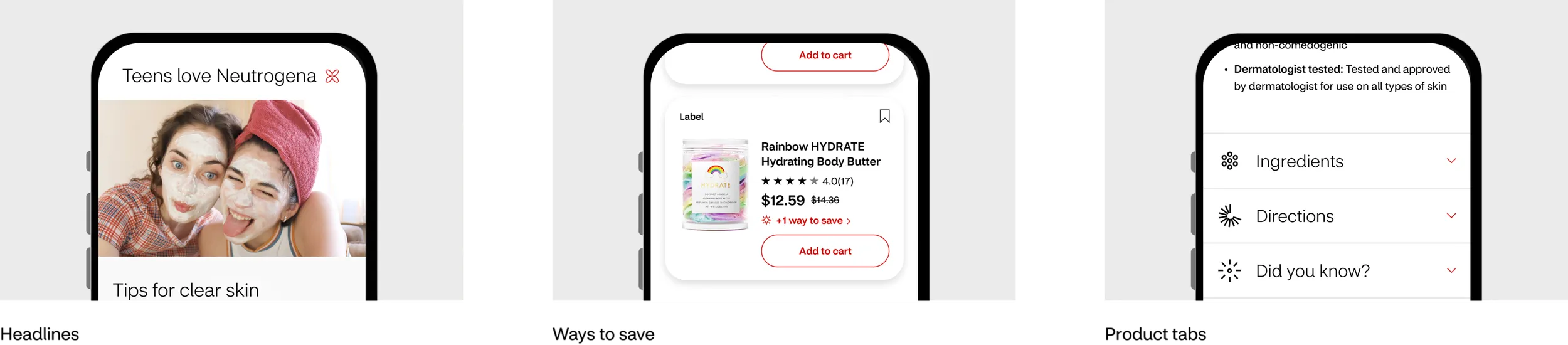UI components including headlines, product cards, and product tabs
