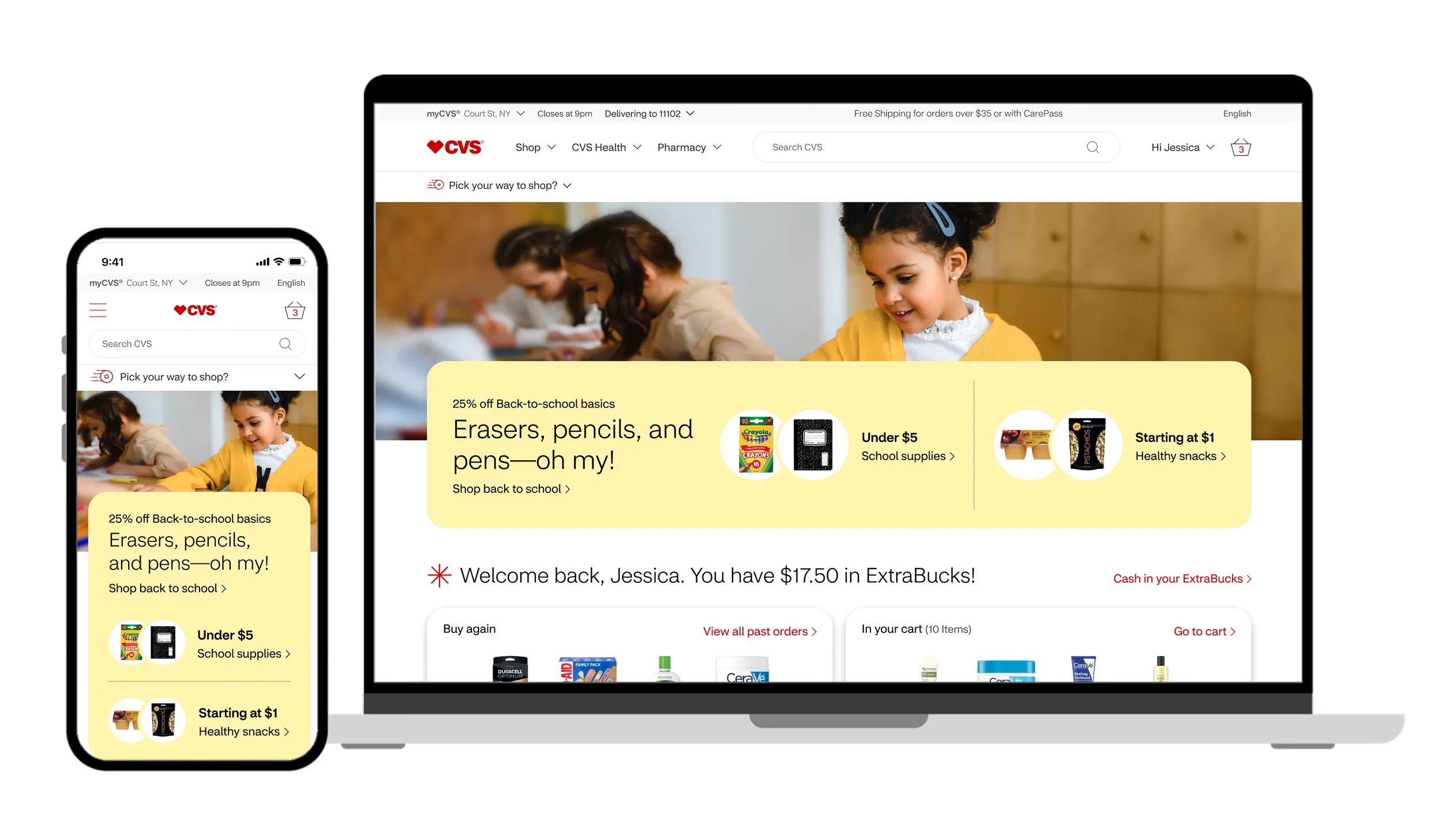 CVS.com homepage, desktop and mobile responsive layout