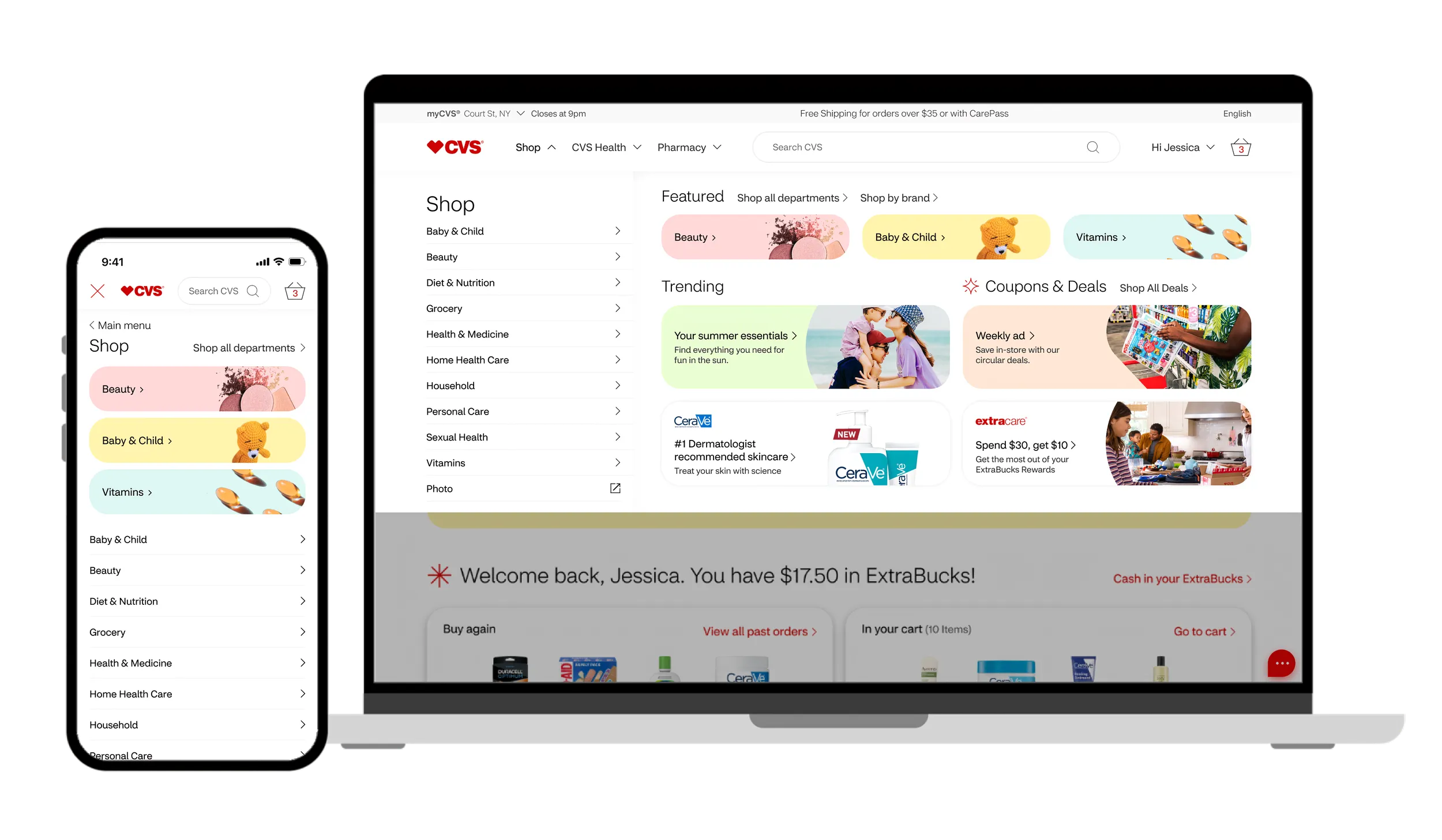 Shop navigation, category browsing on desktop and mobile