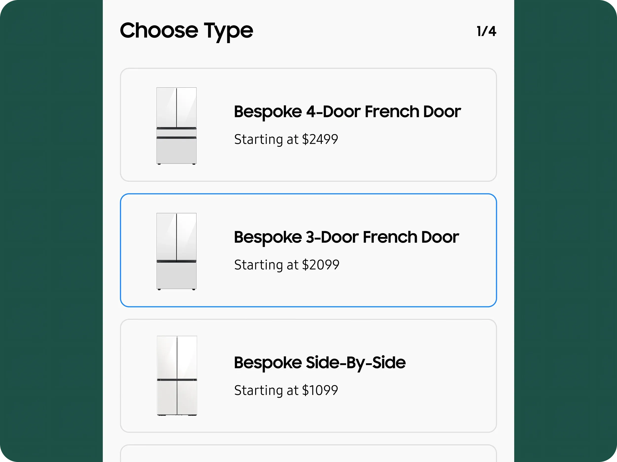 Mobile product type selection, choosing between fridge models