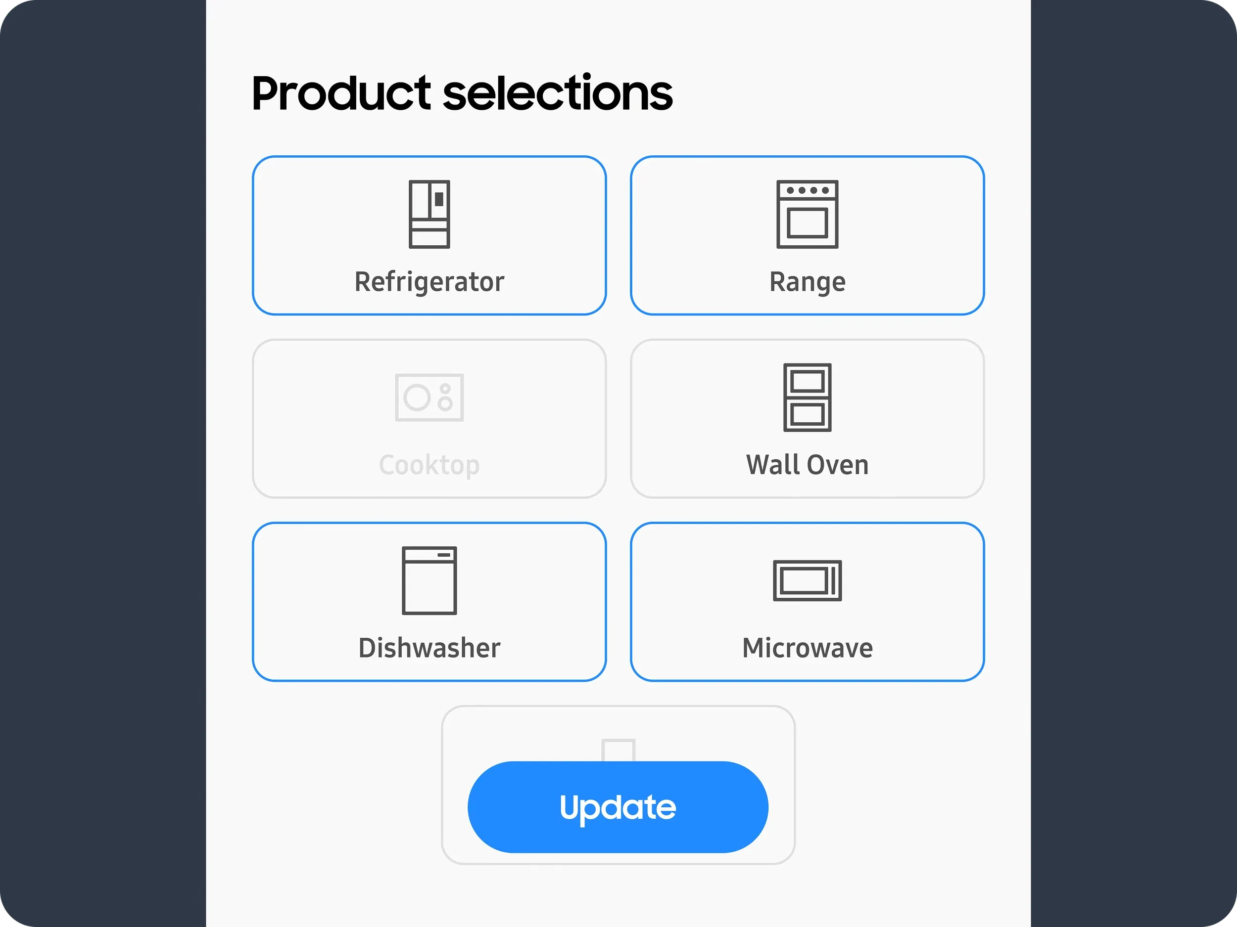 Product selection grid, choosing which appliances to configure