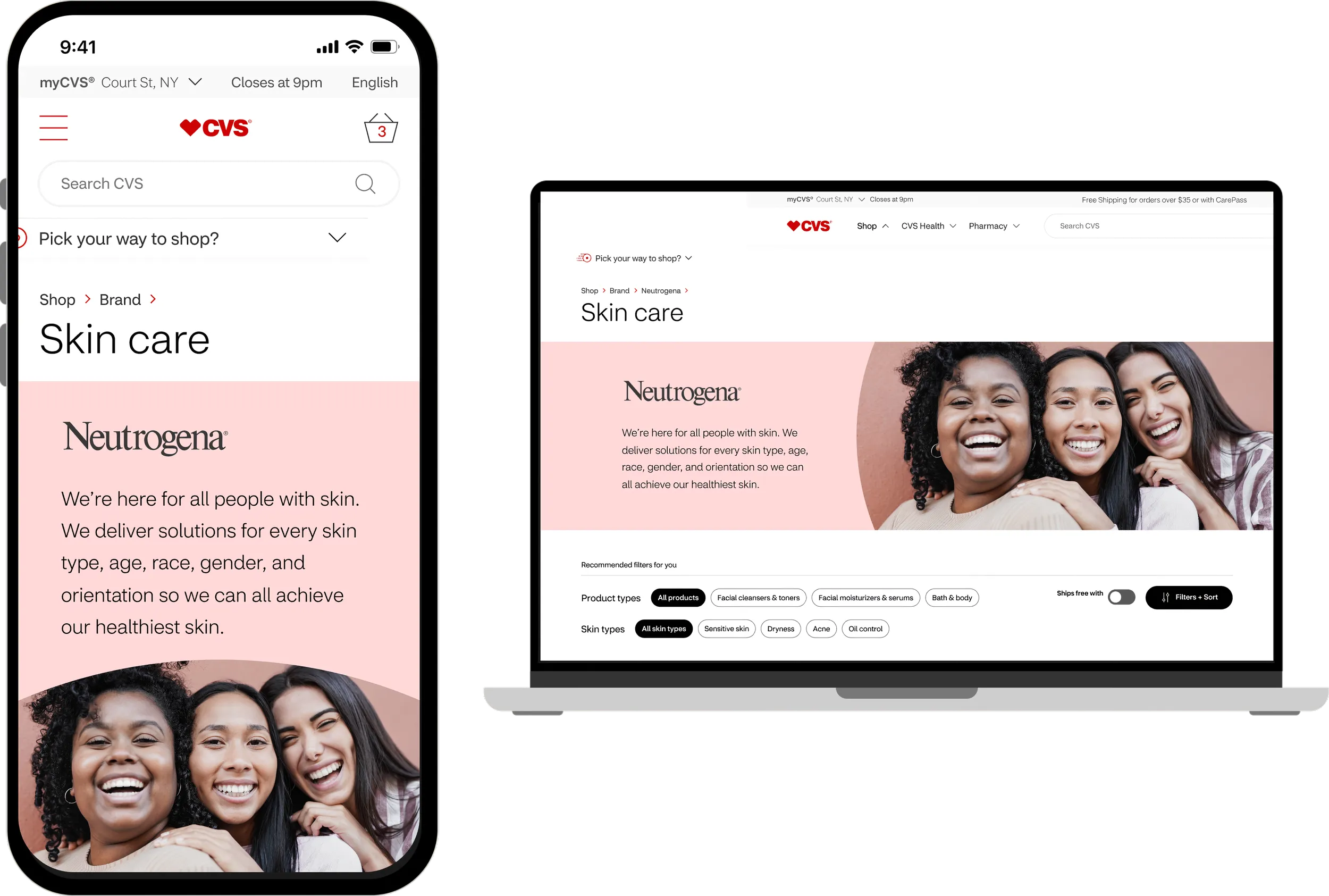 Brand page template, Skin Care / Neutrogena on mobile and desktop