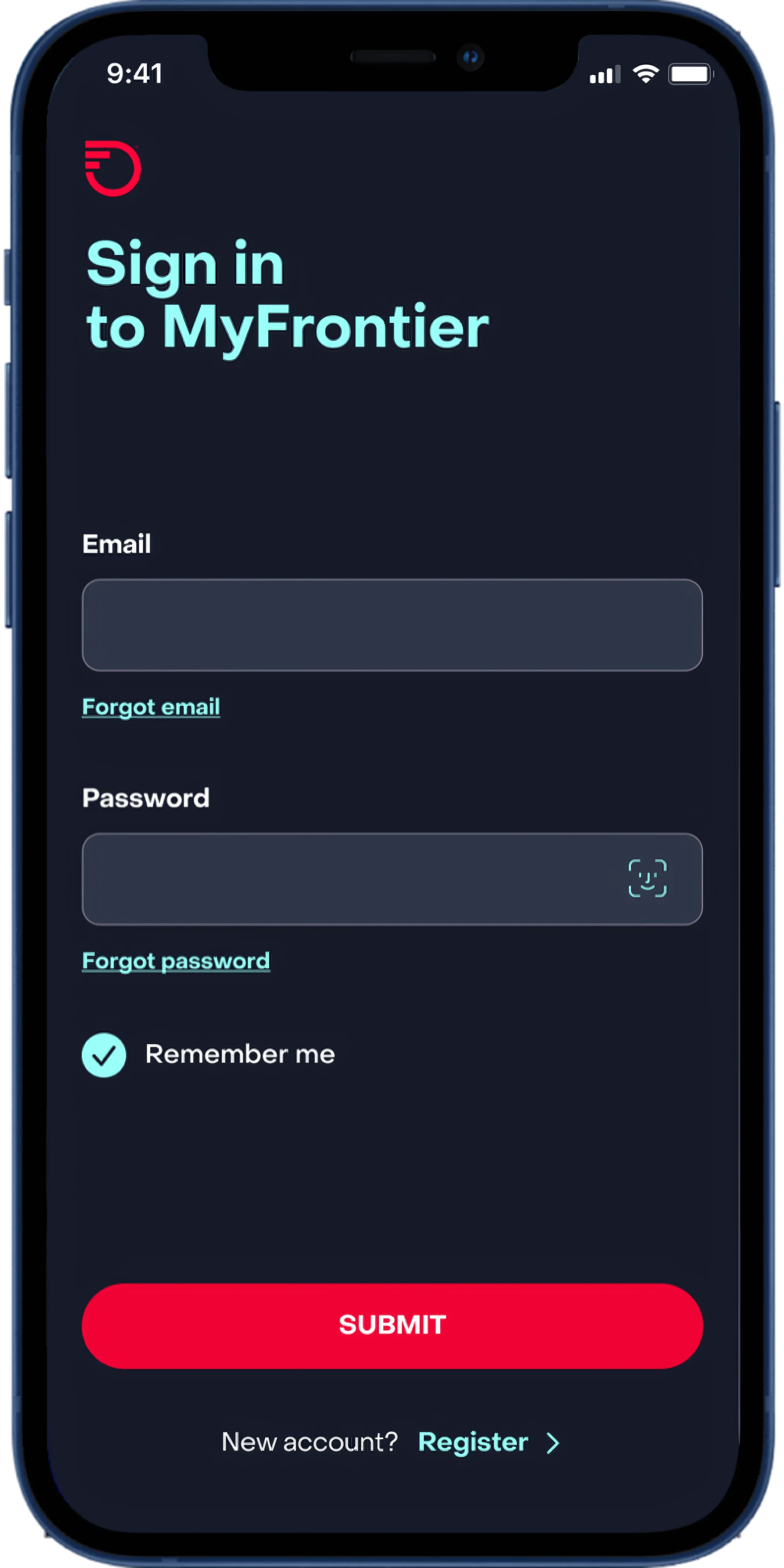 Sign in screen with email and password fields