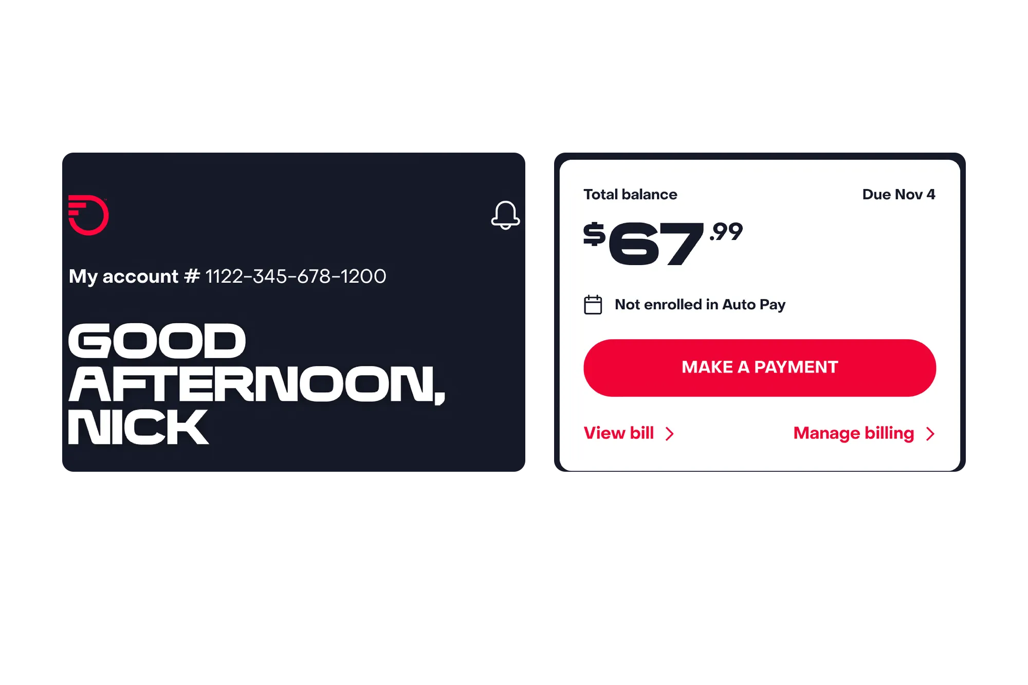MyFrontier app screens: a 'Good afternoon, Nick' greeting and a $67.99 balance card with a Make a payment button