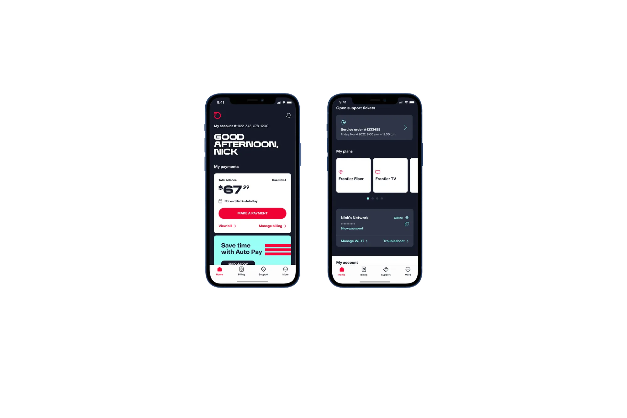 Two MyFrontier app screens, the account dashboard and support tickets, on Frontier red
