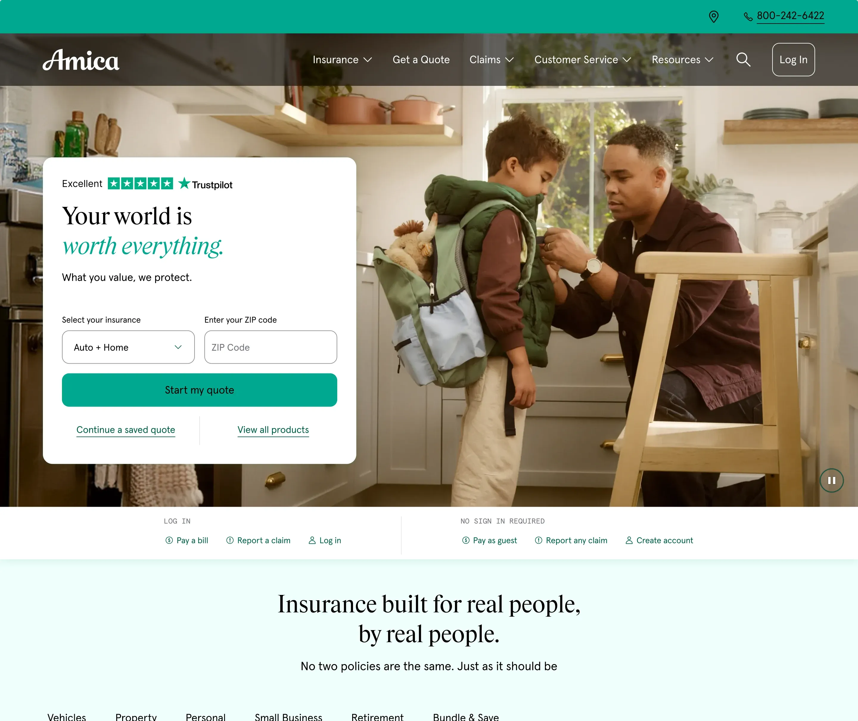Amica.com homepage: a father helps his son in the kitchen beside a quote form