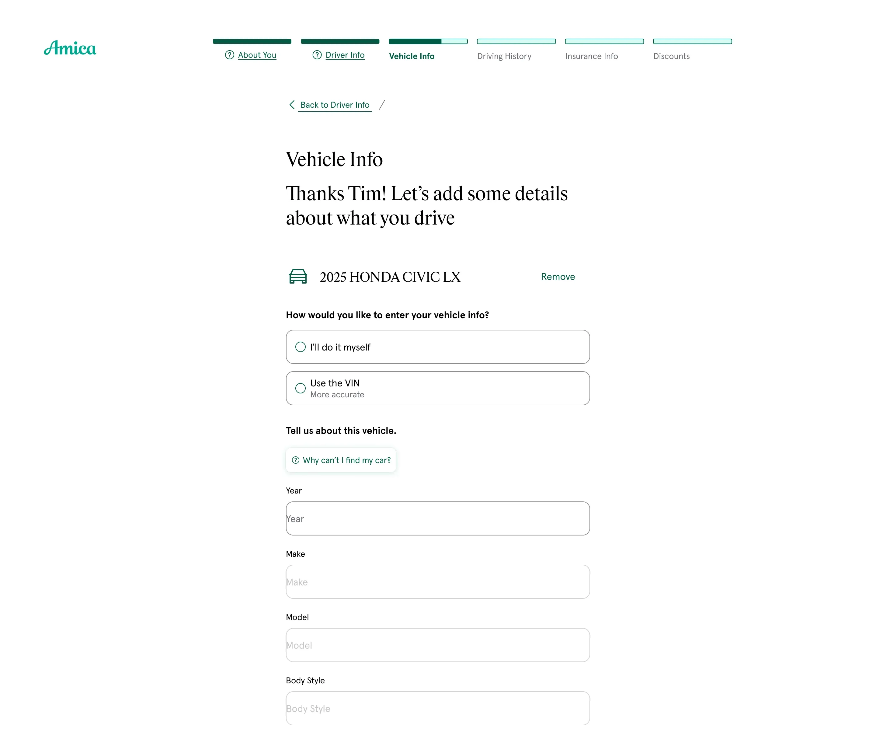 Vehicle information step in the quote flow, with options to enter details manually or use the VIN
