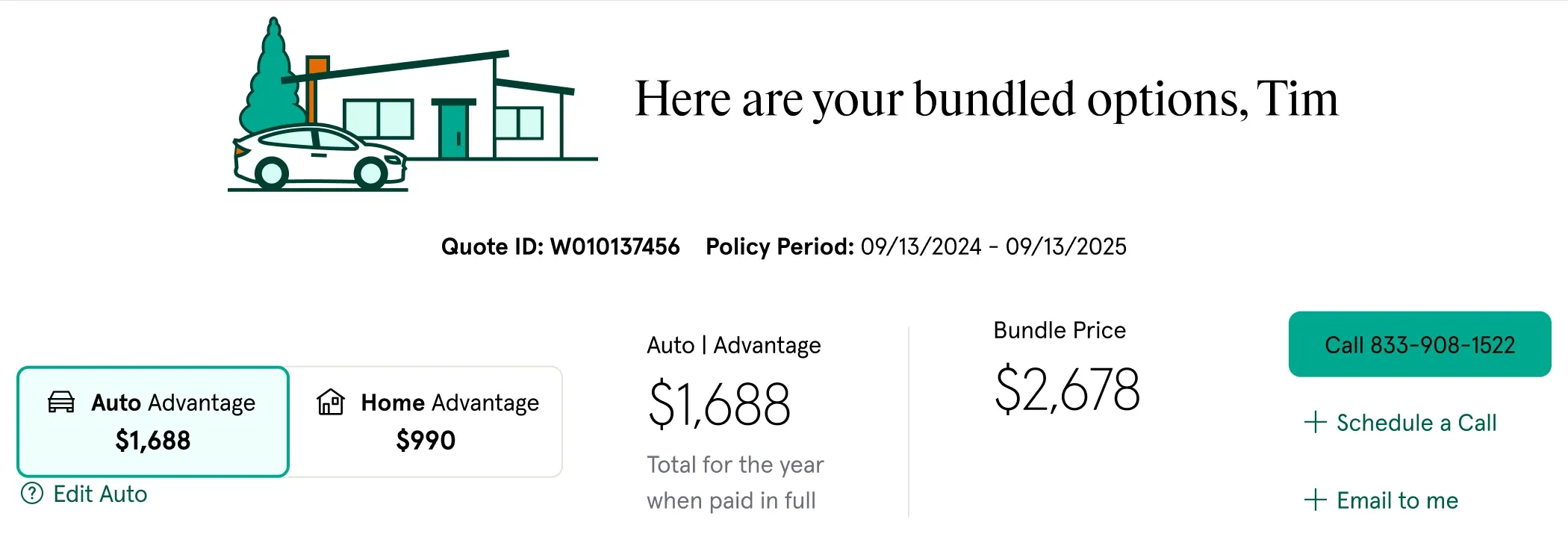 Quote summary comparing auto, home and combined bundle prices