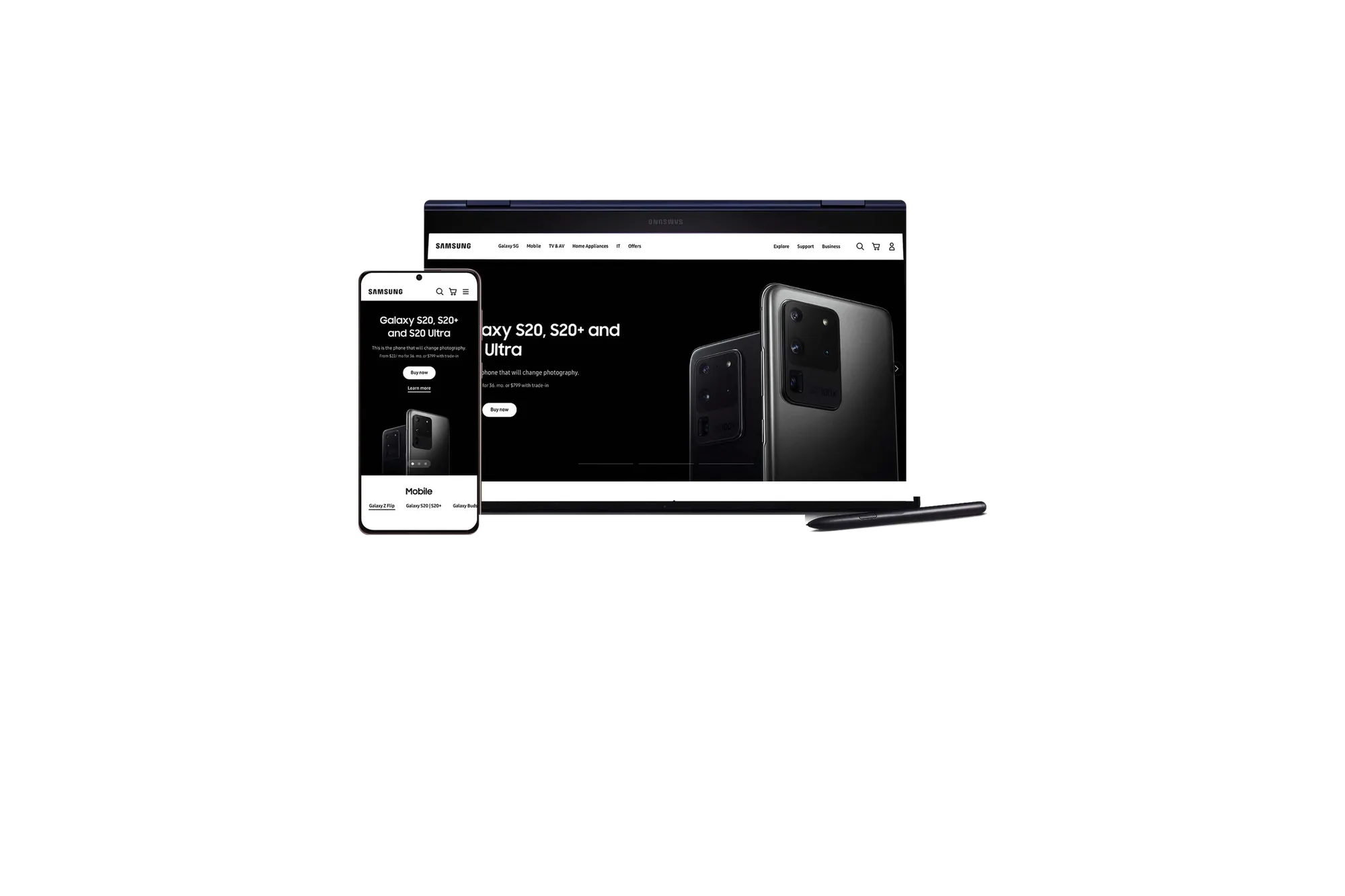 Samsung.com Galaxy S20 pages on a phone and a laptop, on a white background