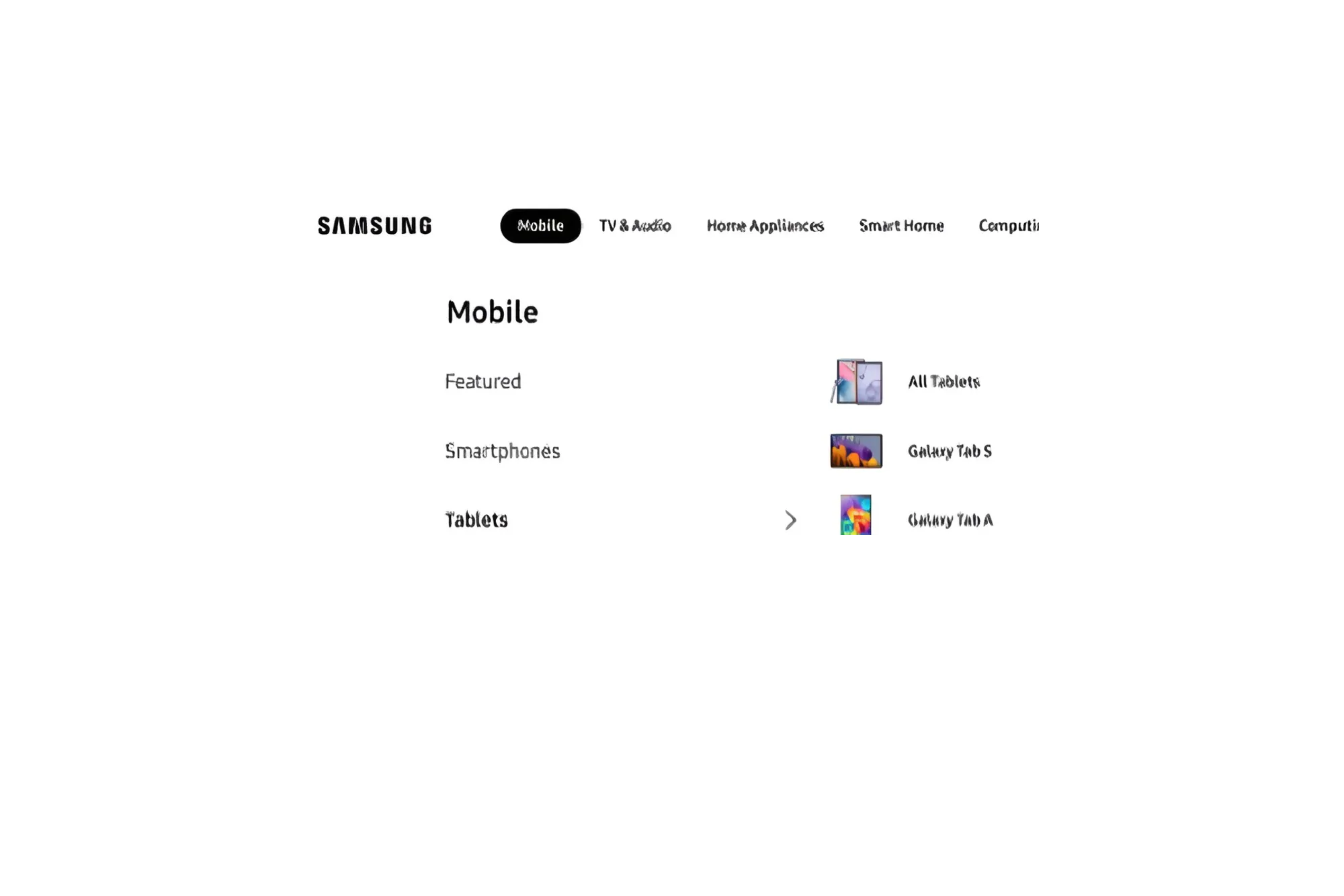 Samsung.com global navigation open on Mobile, listing Featured, Smartphones and Tablets beside the tablet lineup