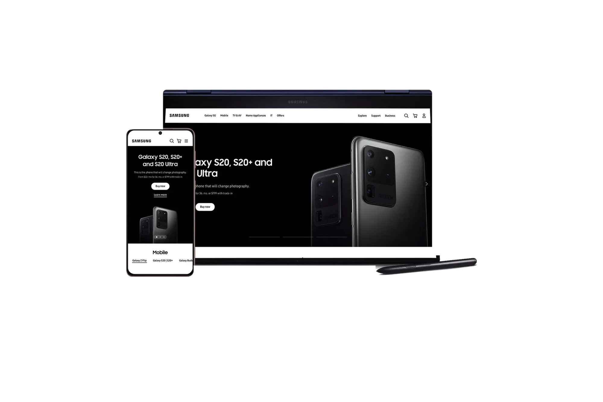 Samsung.com Galaxy S20 pages on a phone and a laptop, on a white background