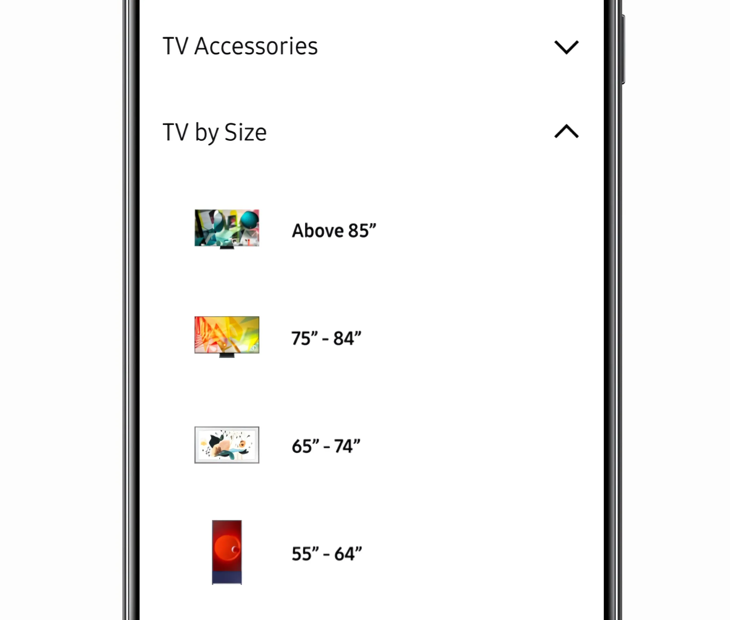 Mobile navigation accordion: TV by Size, each size range shown with a TV image