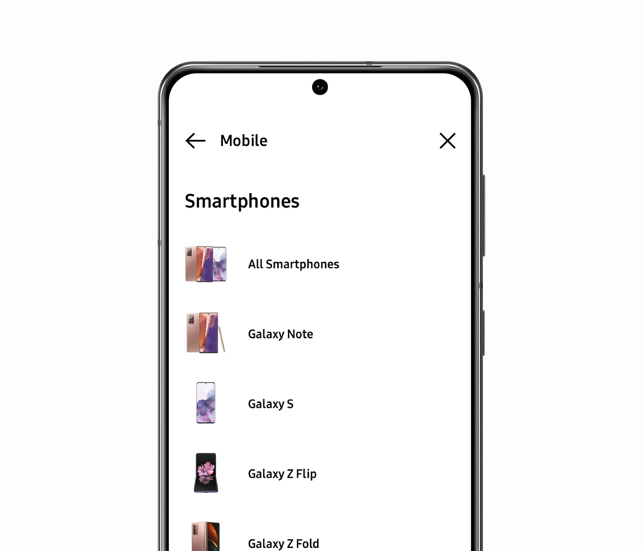 Mobile global navigation: the Mobile menu drilled into Smartphones, each model shown with a product image