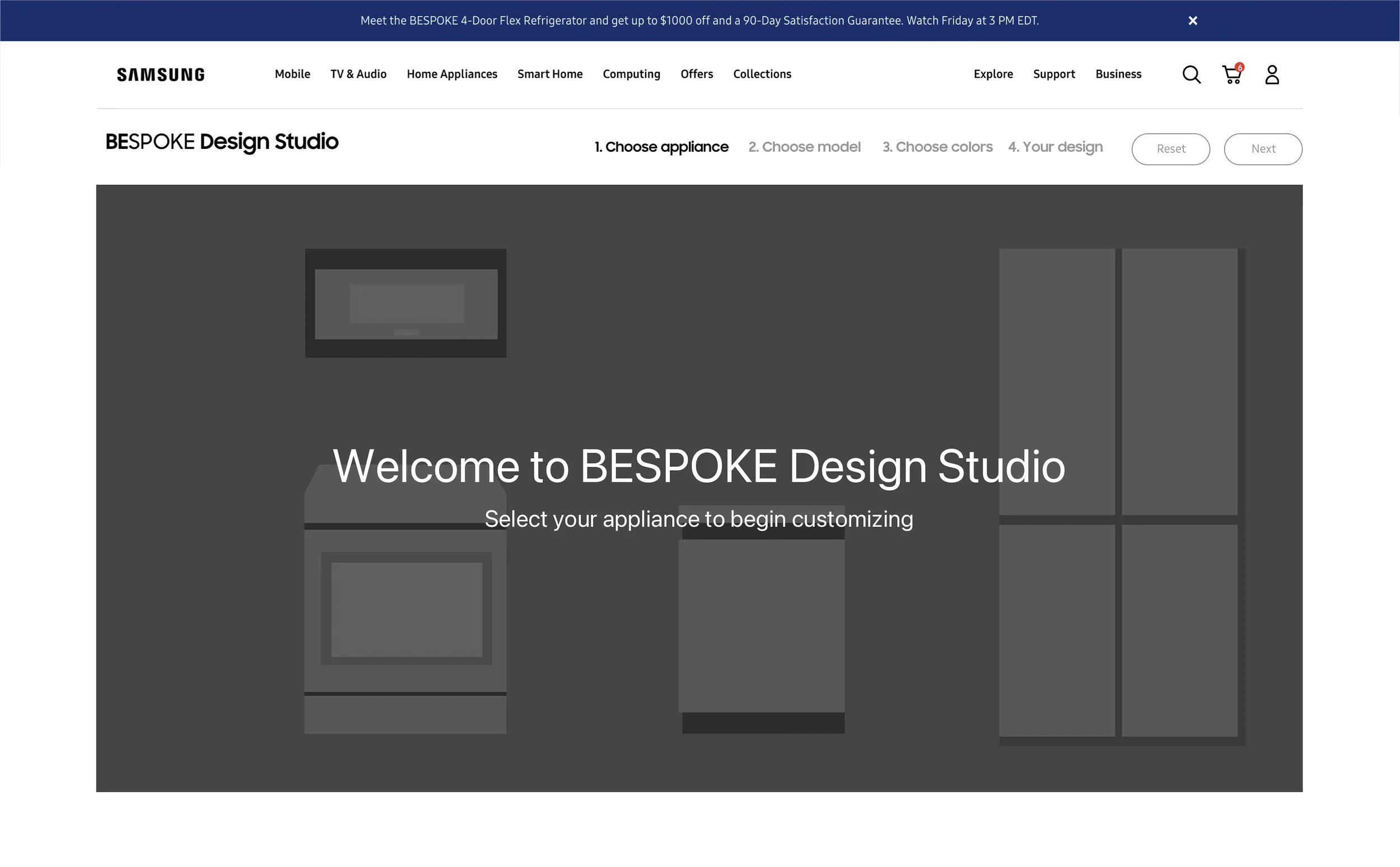 Wireframe: welcome screen over a kitchen scene, with the four configuration steps listed above
