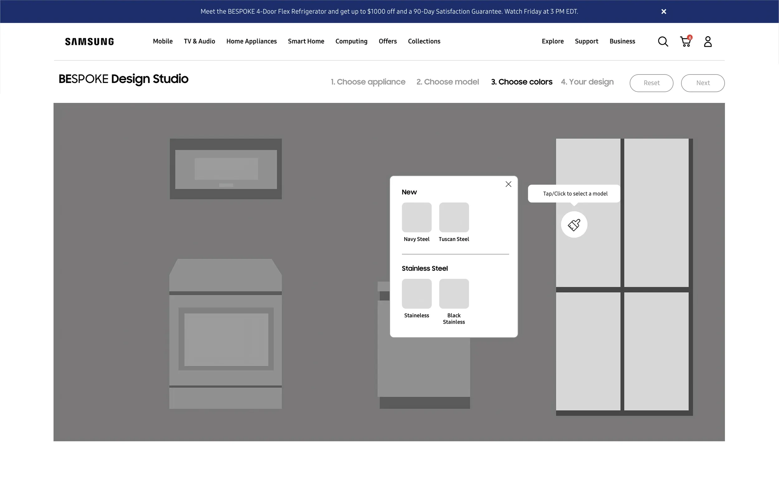 Wireframe: color picker with finishes grouped by material
