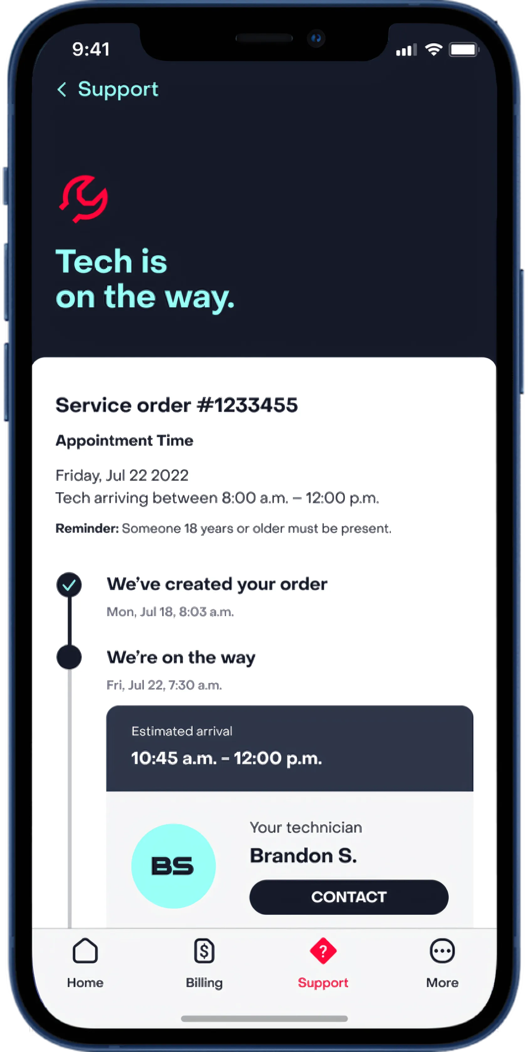 Technician on the way, with arrival window and technician details