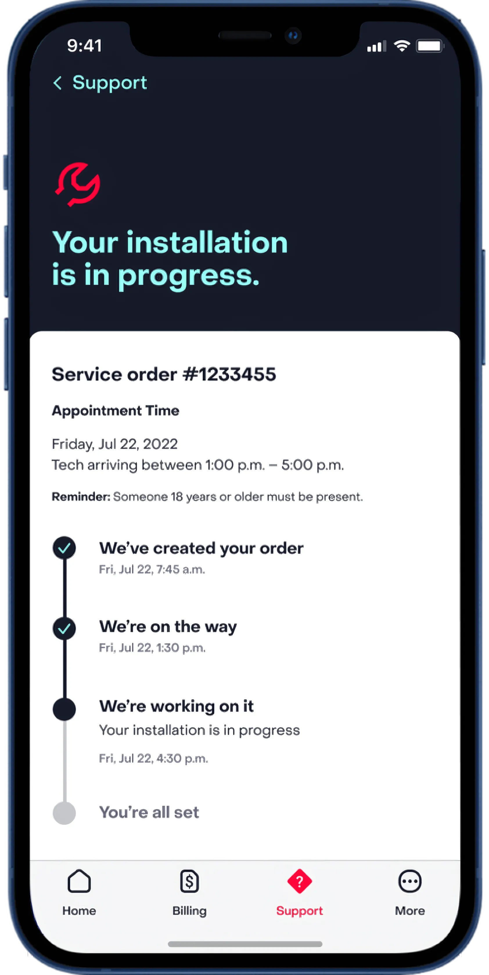Installation in progress status timeline