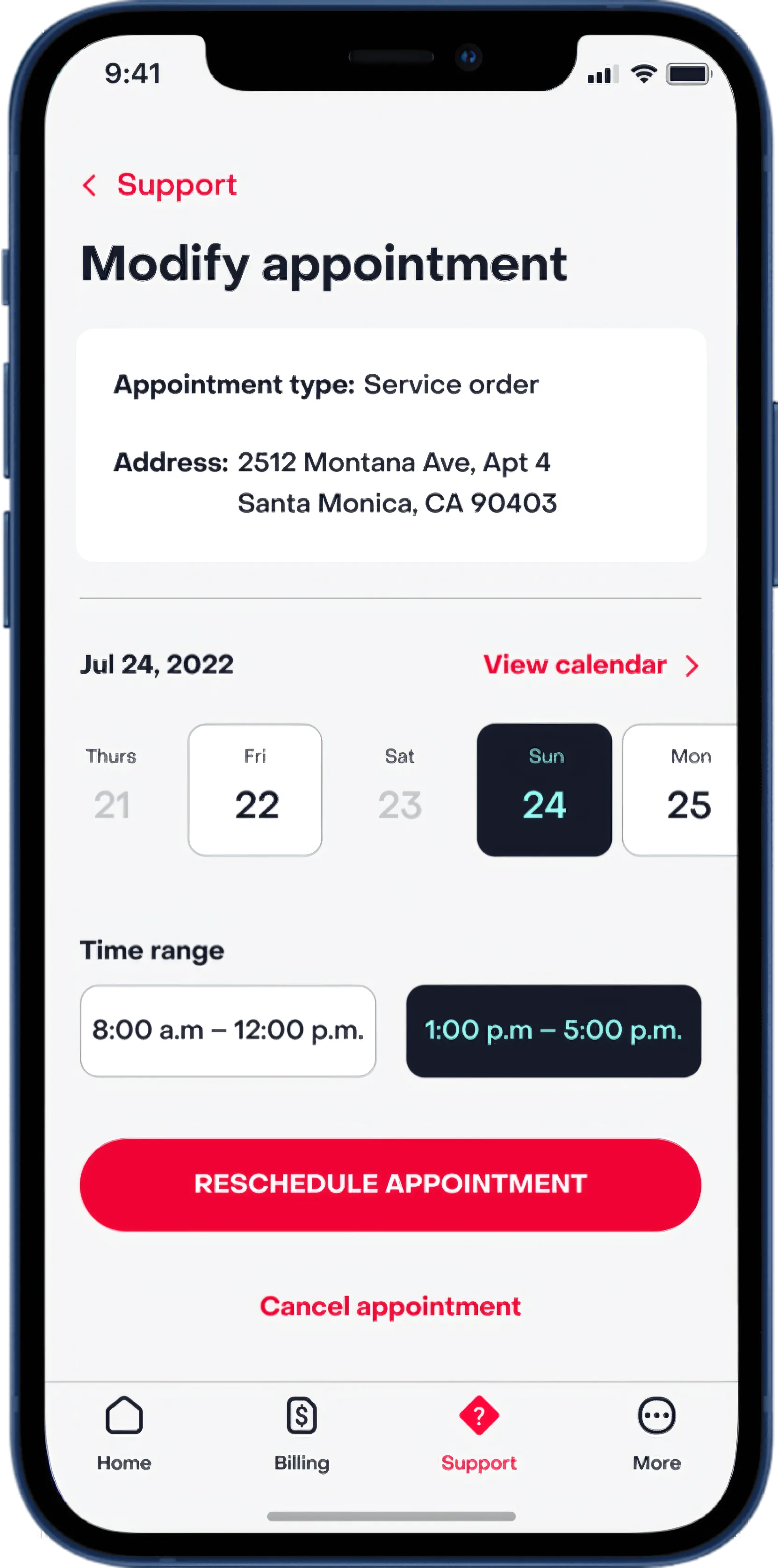 Modify appointment screen with date and time range pickers