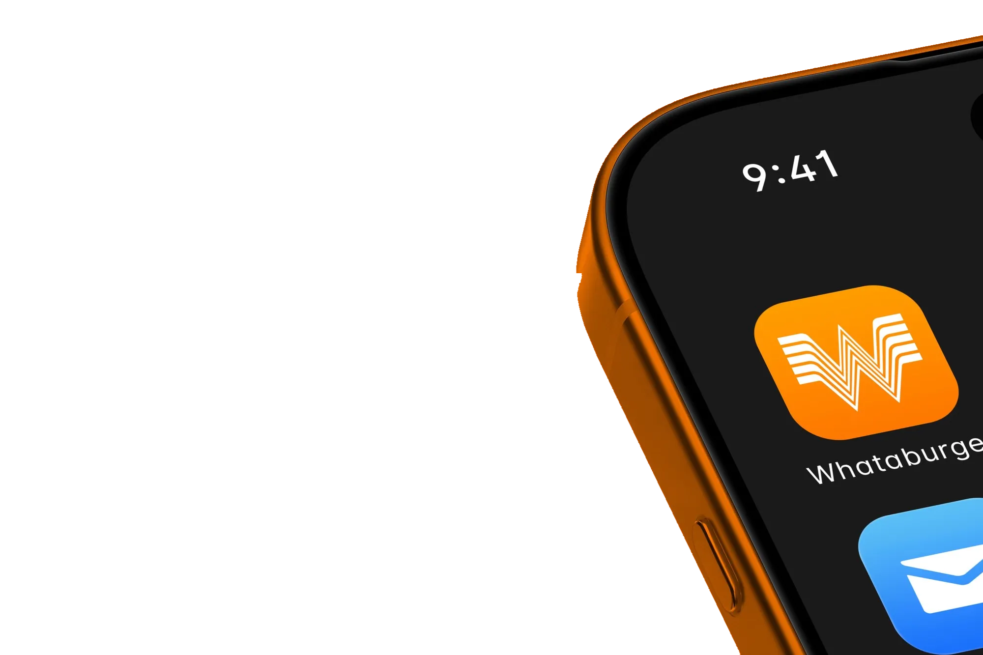 Whataburger mobile app screens showing home, menu, and burger customization on an orange background
