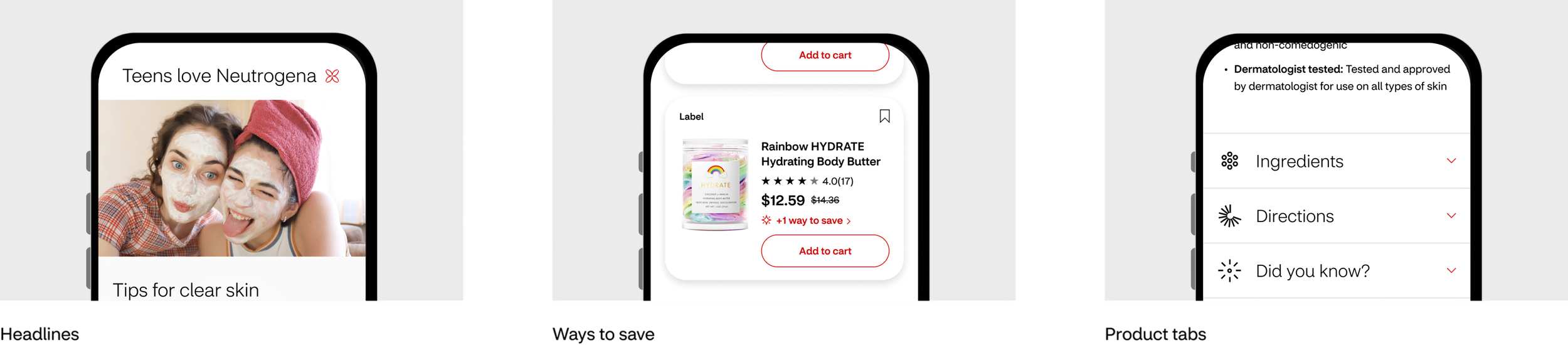 UI components including headlines, product cards, and product tabs