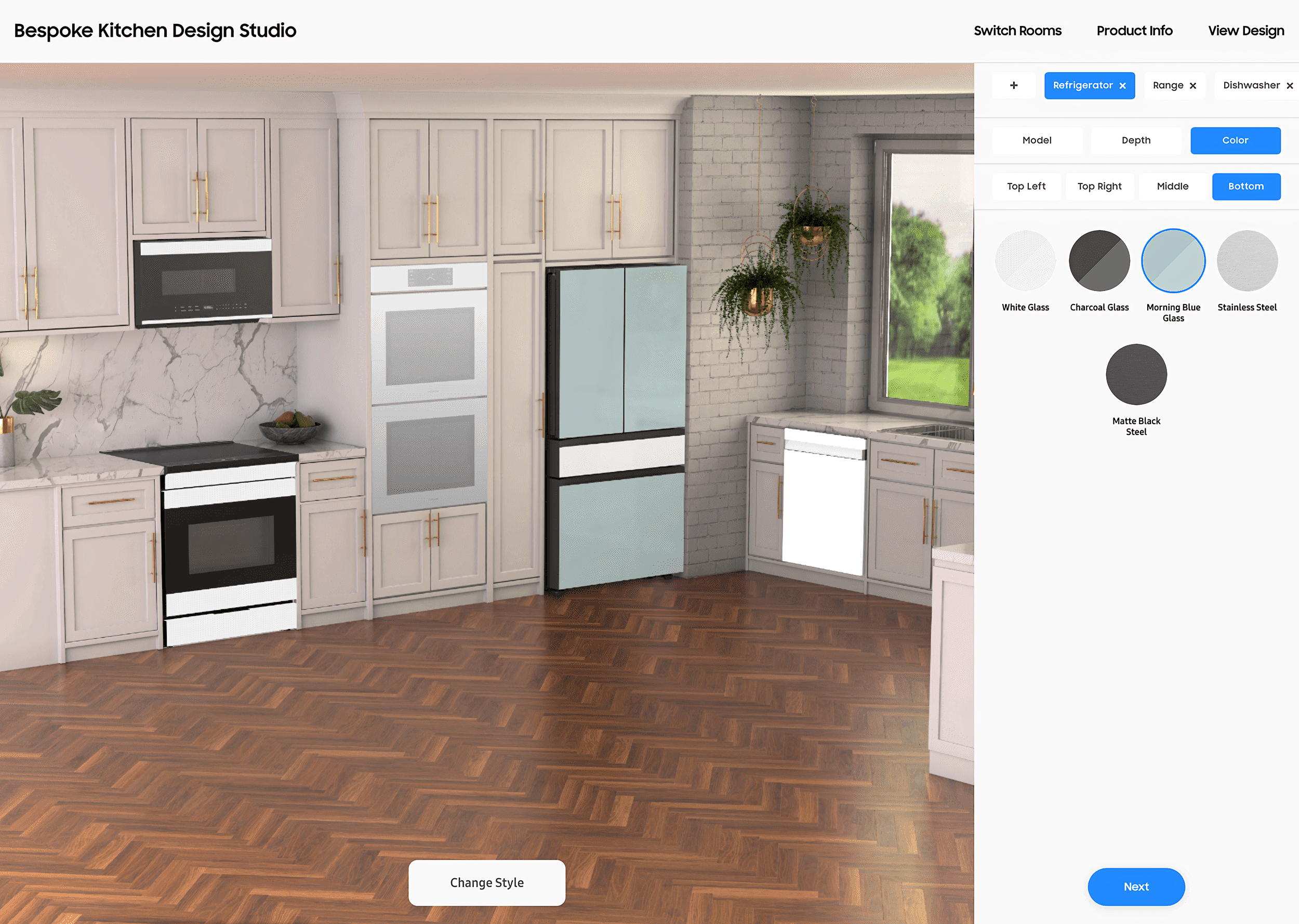 Configurator color selection, choosing panel finishes by zone